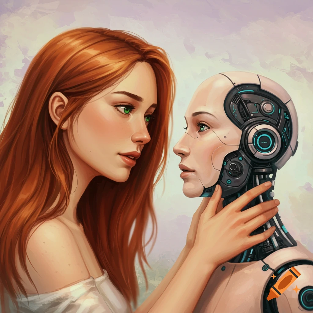 A red-haired woman looks at and holds a robot head.