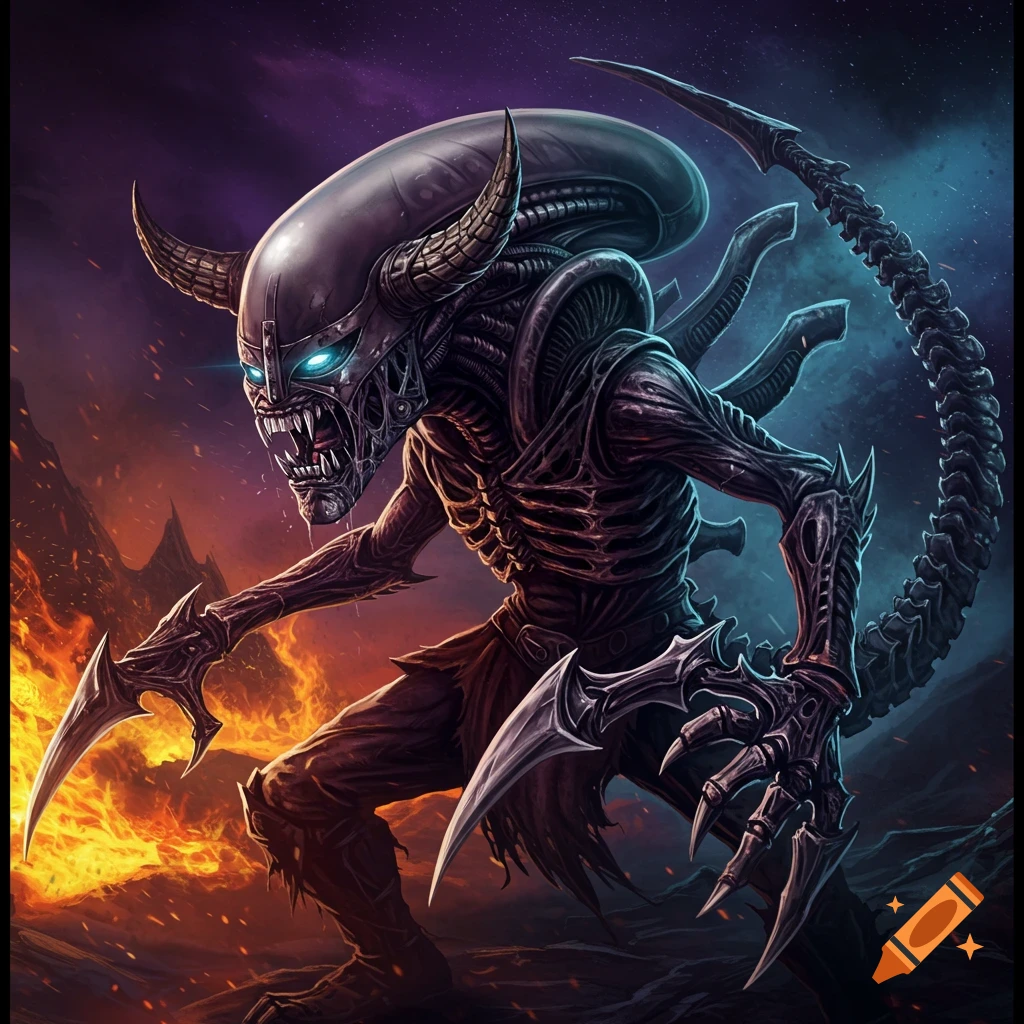 A horned creature resembling a Xenomorph stands in a fiery landscape.