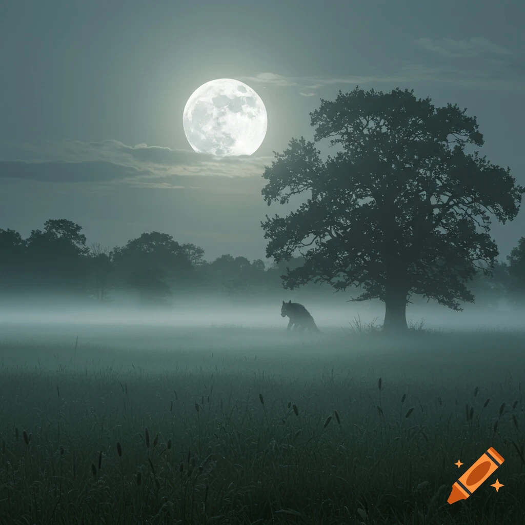 A werewolf is hiding in a misty meadow under a full moon.
