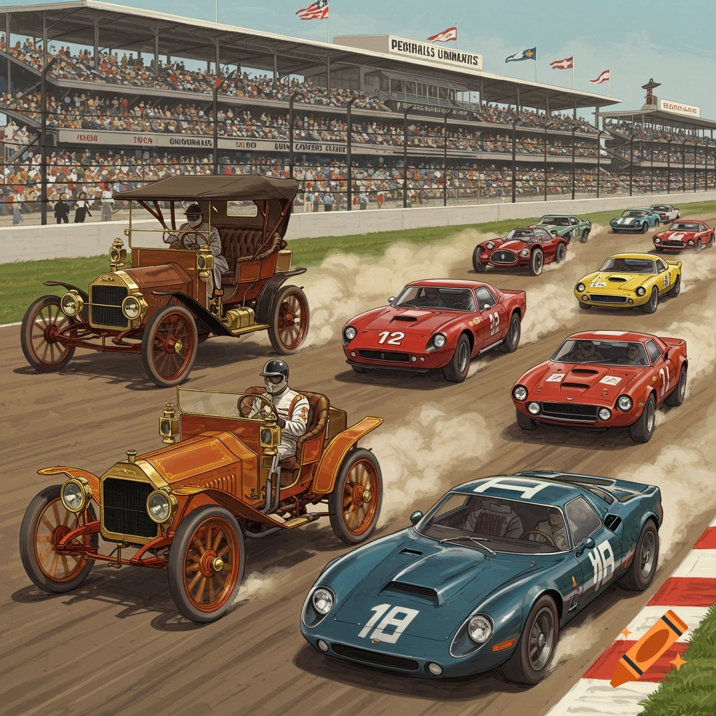 A multi-era auto race featuring vintage 1900s cars and 1960s sports cars on a track with grandstands.