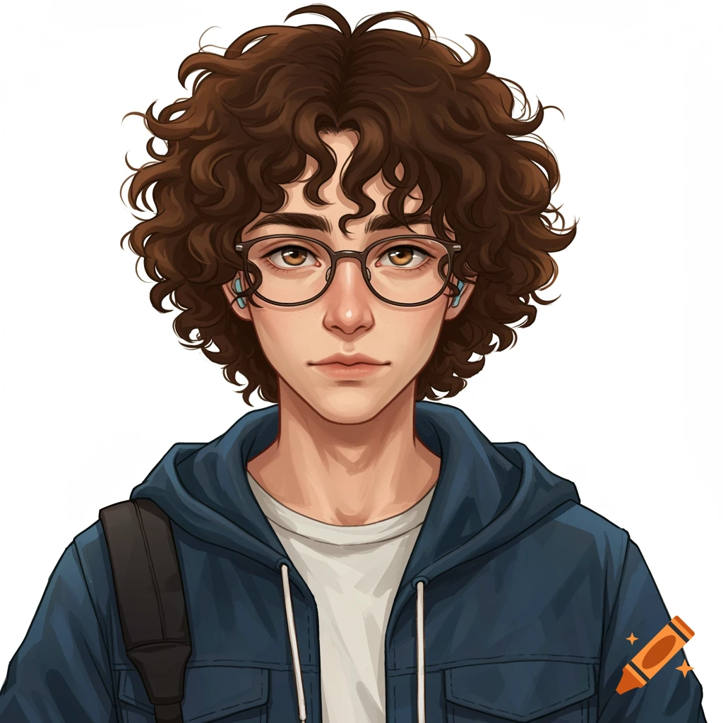 Anime style portrait of a young person with curly brown hair and glasses wearing a blue hoodie and headphones.