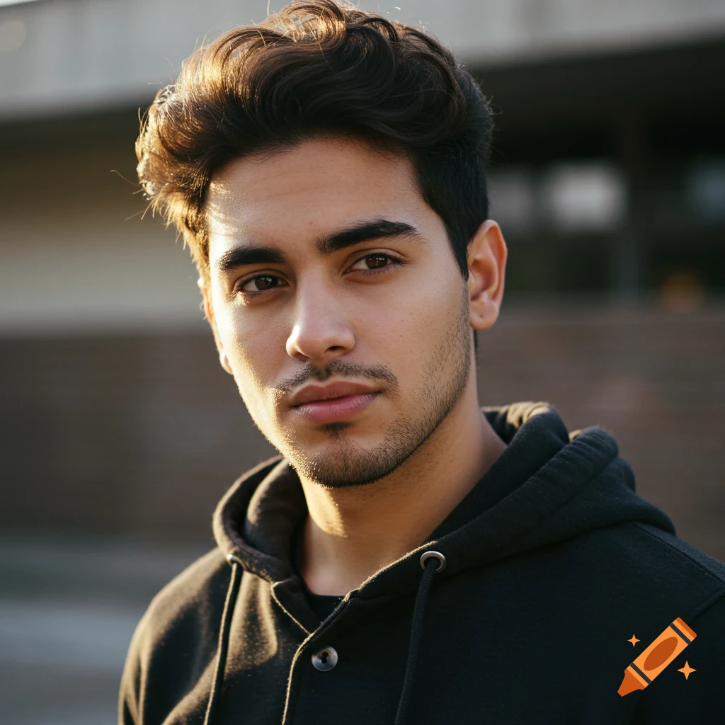 A handsome young man in a black hoodie with thoughtful eyes.