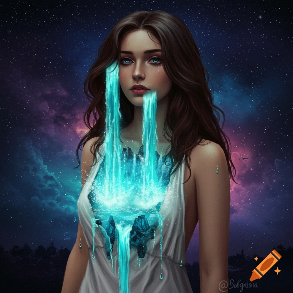 A woman with a waterfall pouring from her chest against a starry night sky.