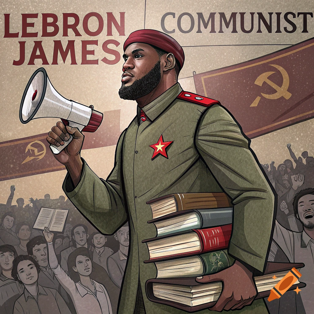 LeBron James depicted as a communist leader addressing a crowd, holding a megaphone and books, with communist banners.