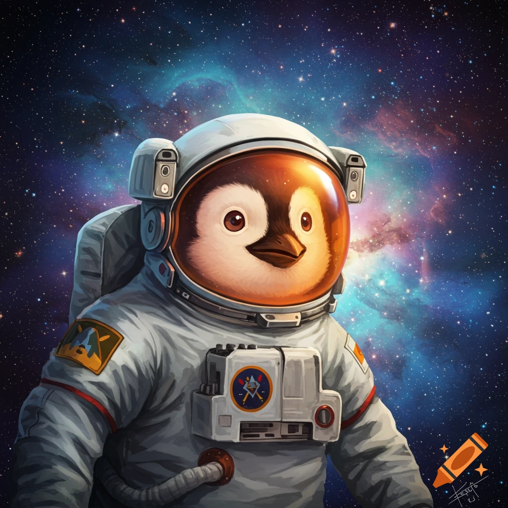 A penguin wearing an astronaut suit in space.