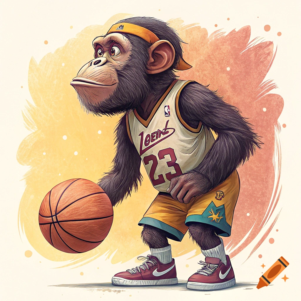 Cartoon illustration of a chimpanzee wearing a basketball jersey with number 23 and dribbling a basketball.