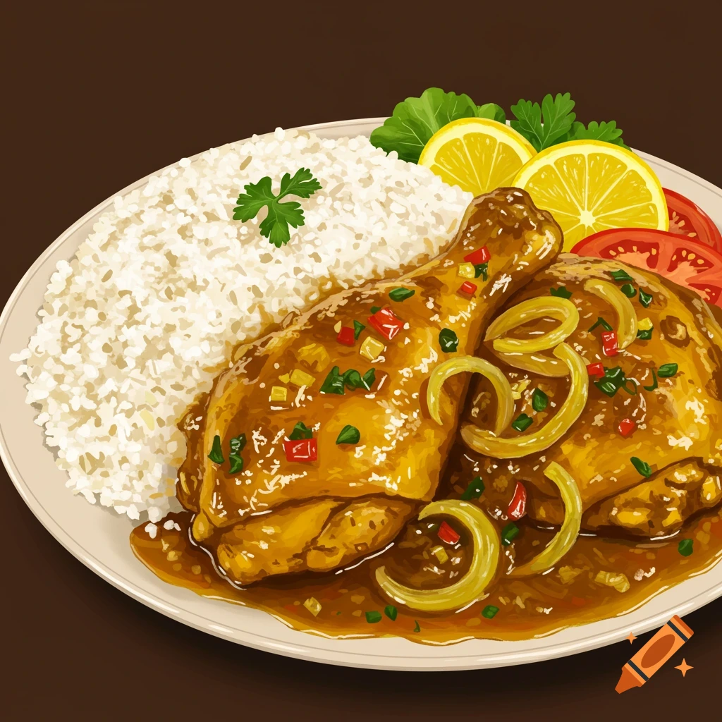 Yassa poulet with rice and lemon on a plate.