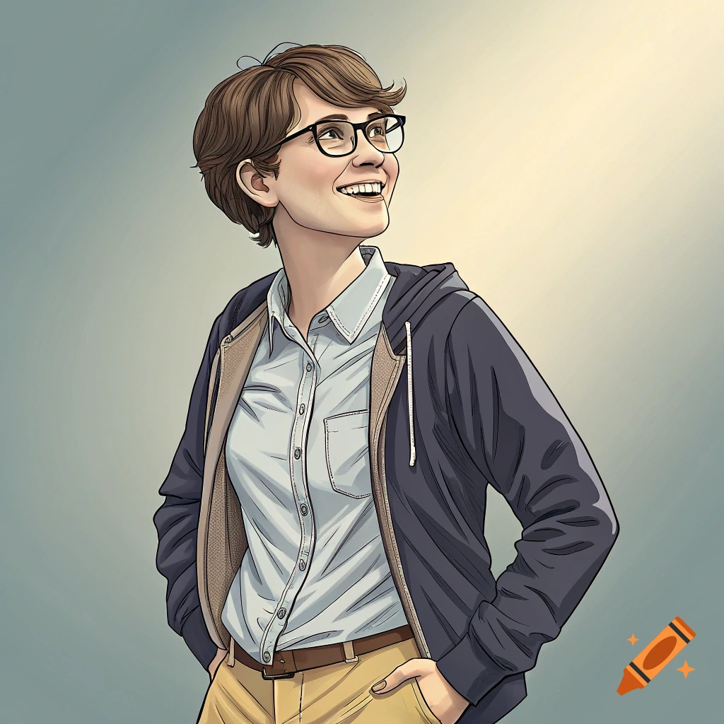 Illustration of a person with short hair, glasses, and a hooded jacket smiling and looking up