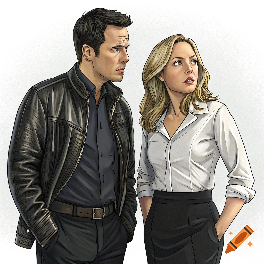 Illustration of a man in a leather jacket and a woman in a white shirt looking intently to the side.