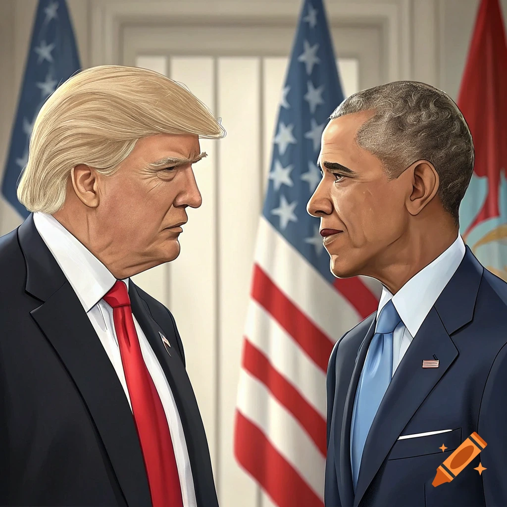 Illustrated portrait of Donald Trump and Barack Obama facing each other with flags behind them.