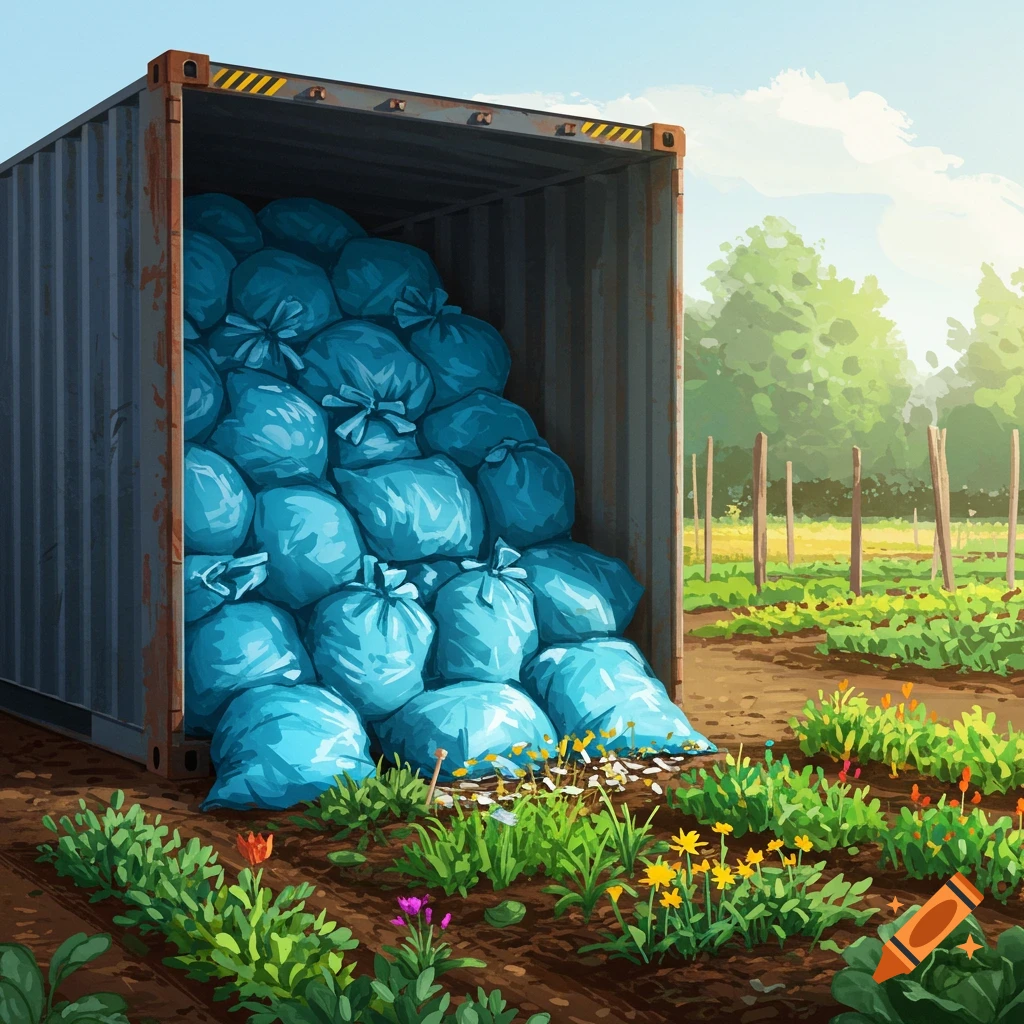 A shipping container overflowing with blue bags is next to a garden with flowers and plants.