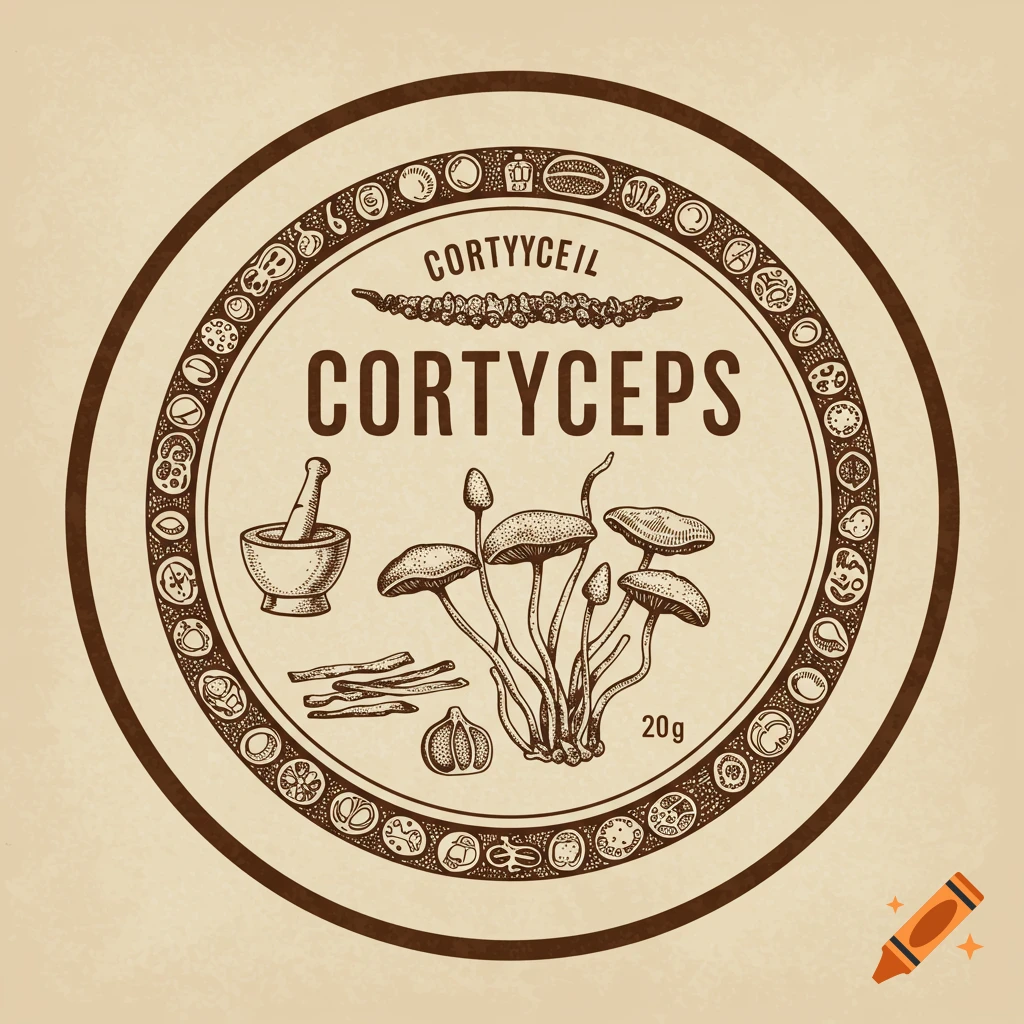 Vintage illustration of a round label for cordyceps mushrooms with text, mushrooms, mortar and pestle