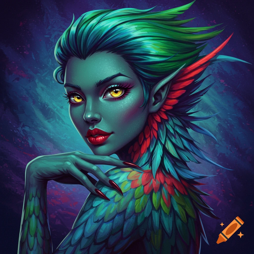 A fantasy creature with green skin, yellow eyes, red lips, and colorful feathers.