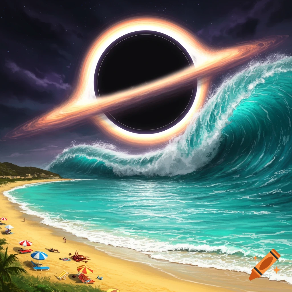 A beach scene with sunbathers is shown. A massive tsunami wave approaches the shore. In the sky, a black hole with an accretion disk is visible.