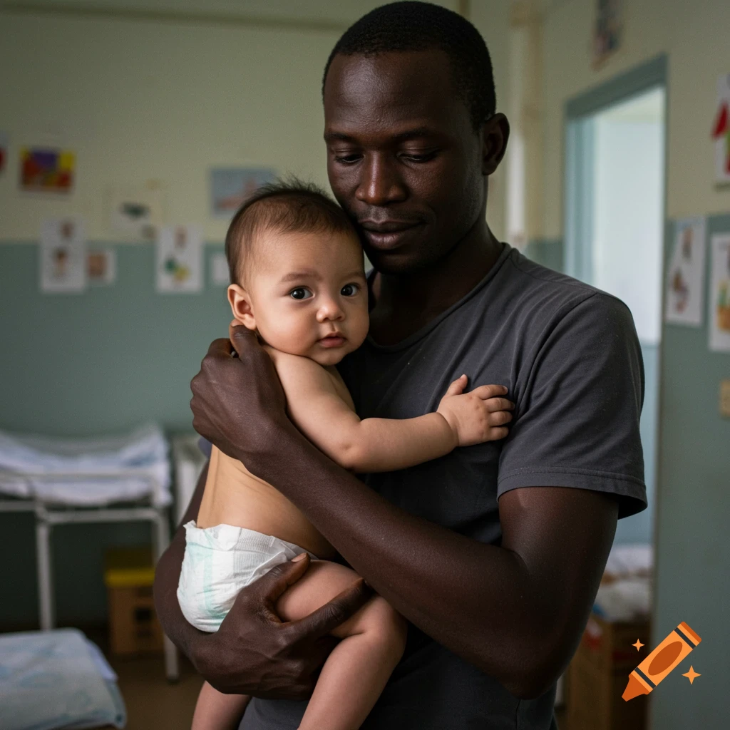 Black man tenderly holding a baby in a clinic or orphanage setting.
