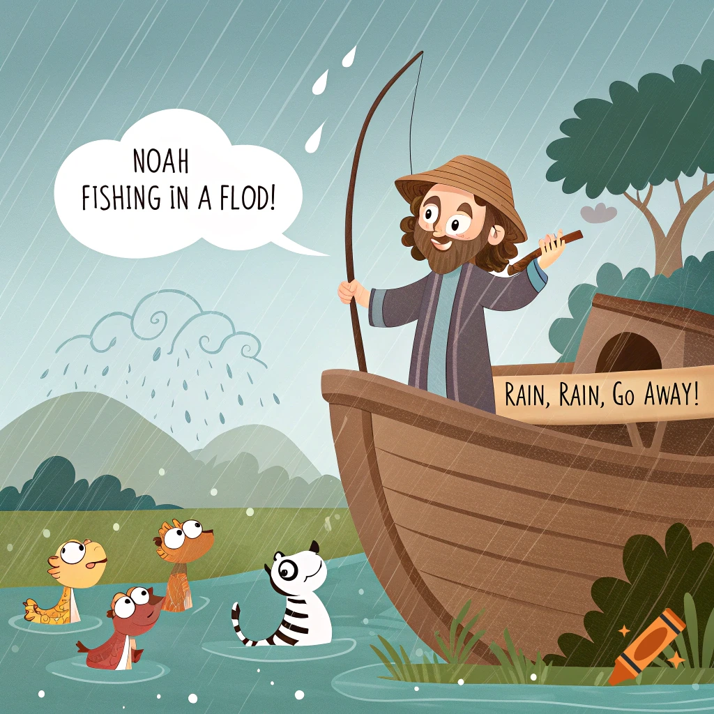 Cartoon of Noah fishing from the Ark in the rain with animals in the floodwaters.