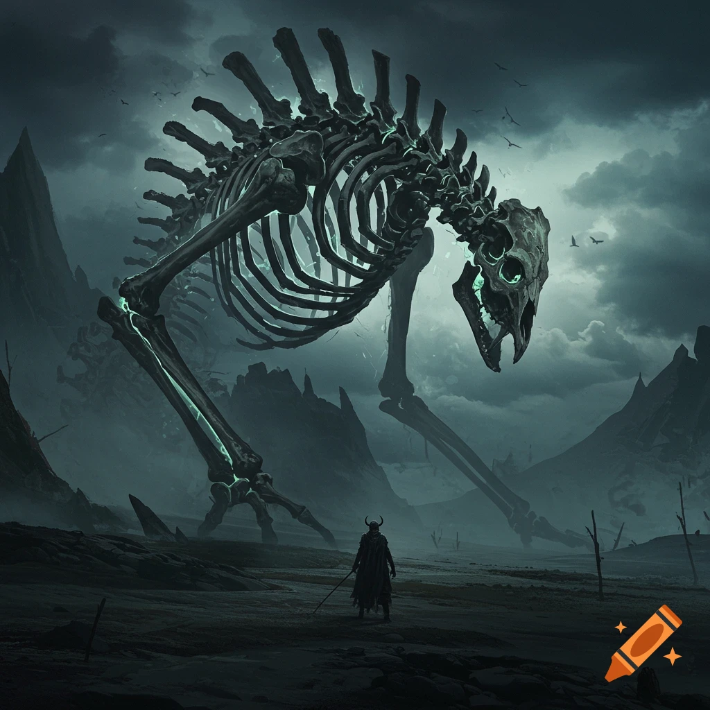 A giant skeleton creature towers over a figure in a dark, cloudy landscape.