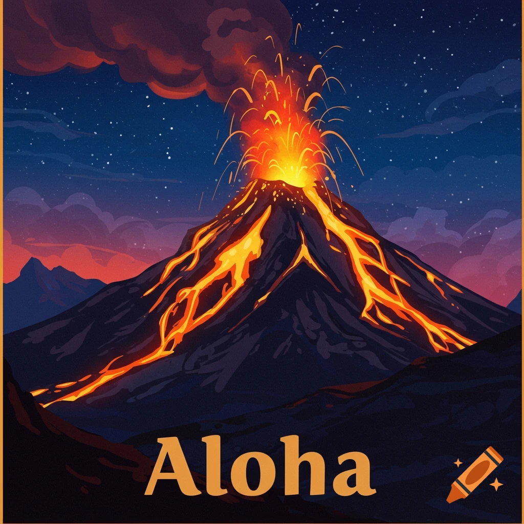An erupting volcano at night with the word Aloha below.