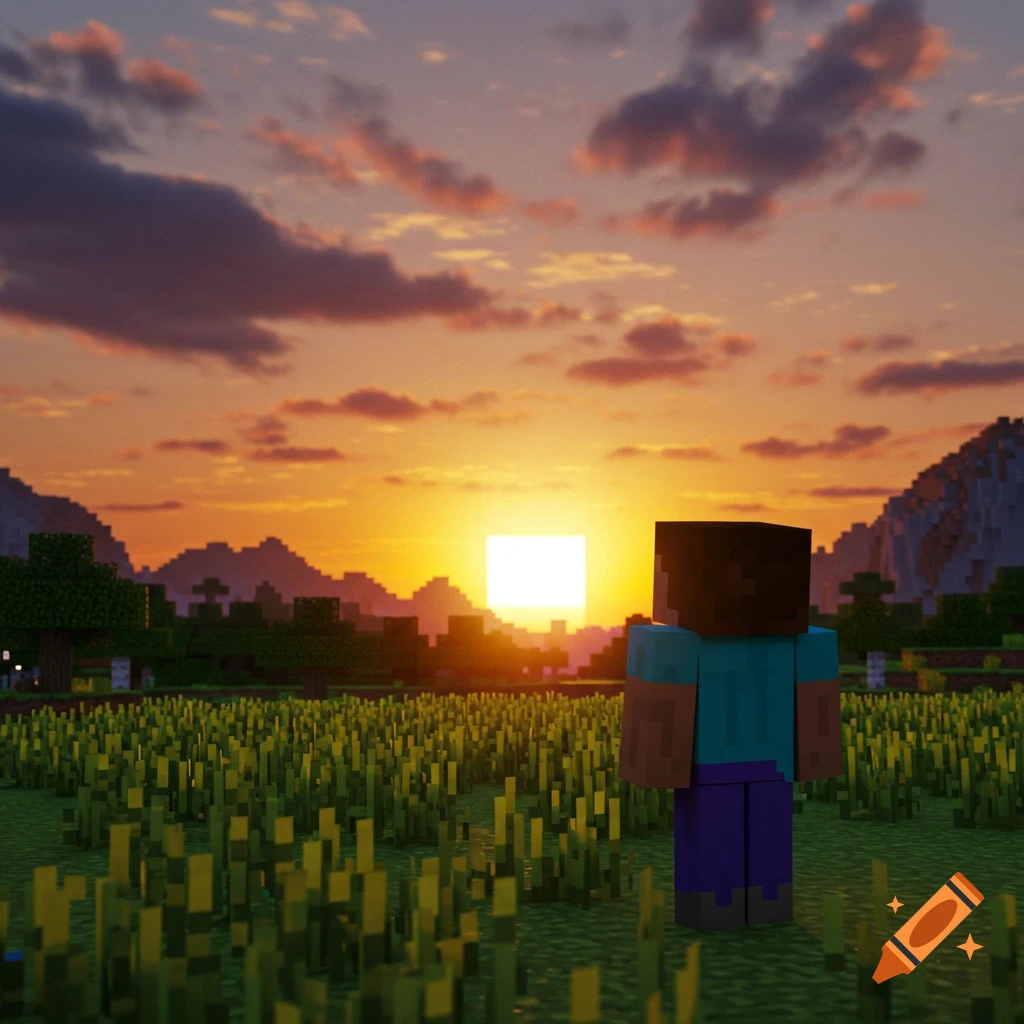 Minecraft Steve stands in a field watching a blocky sunset over mountains.