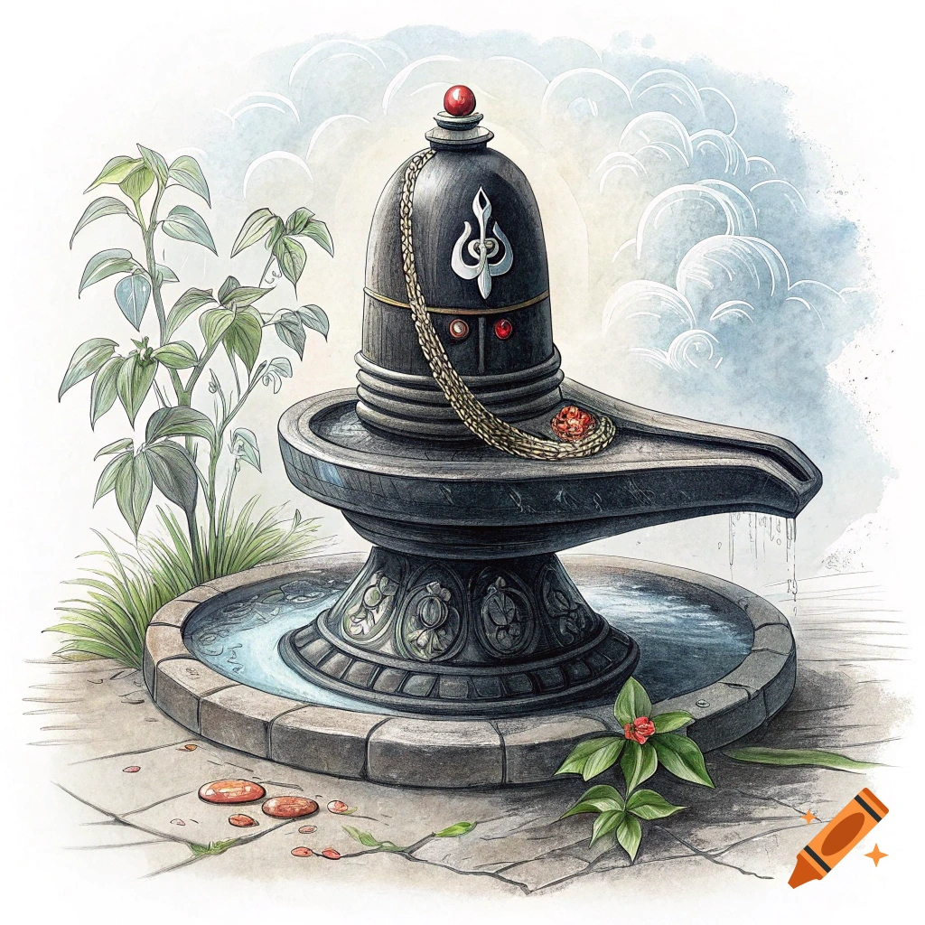 Watercolor illustration of a Shivalinga in a stone basin with water and plants.