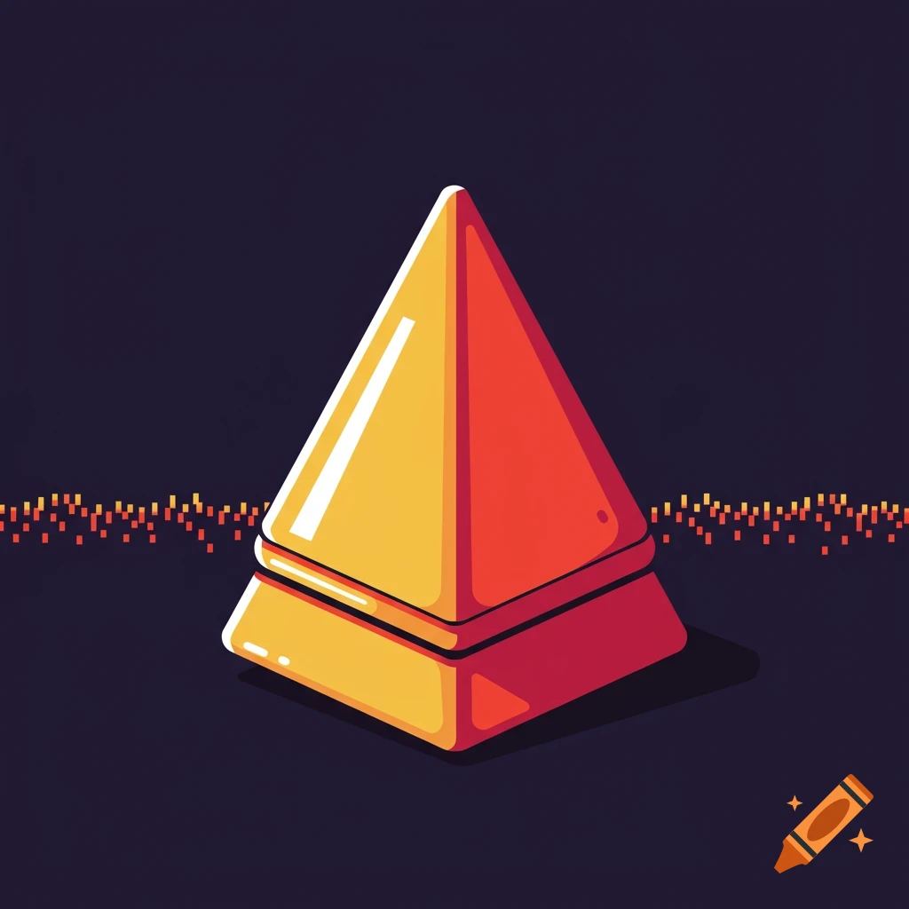 Stylized orange and yellow cone shape on a dark background with pixel lights, vector art.