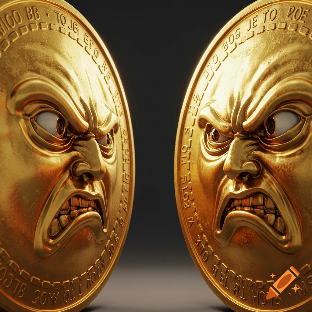 Two gold coins with angry faces facing each other