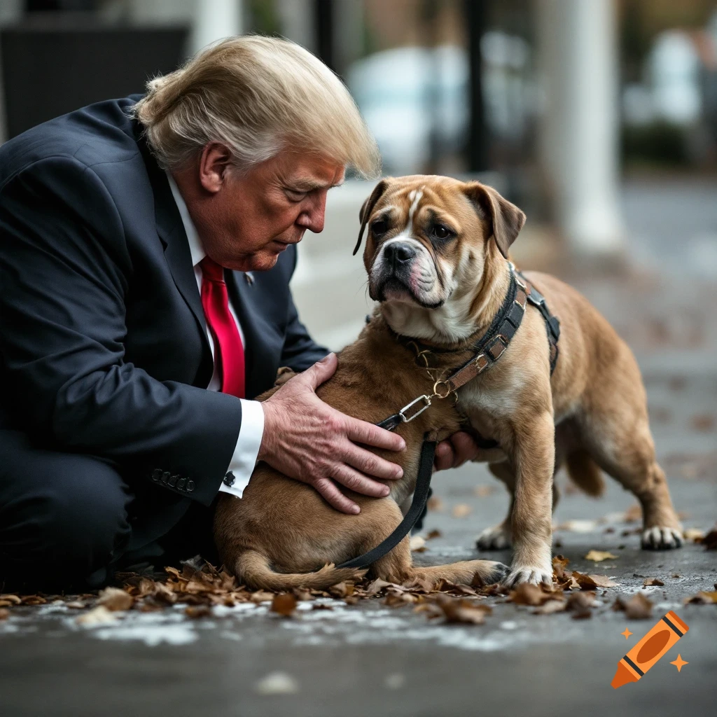 Donald Trump kneels to pet a dog outdoors