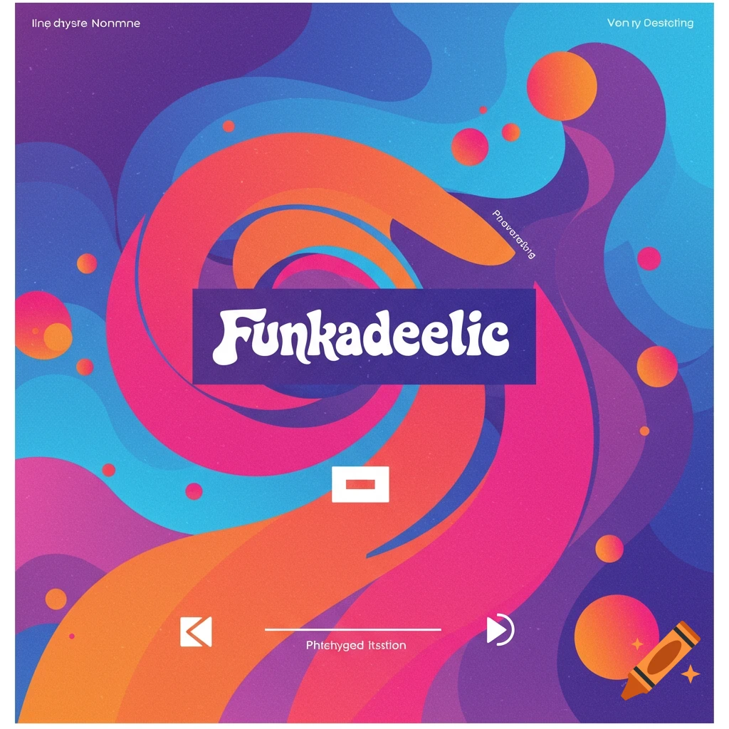 Abstract digital art with swirling waves of pink, orange, blue, and purple, featuring the text "Funkadeelic" in a rectangular box.