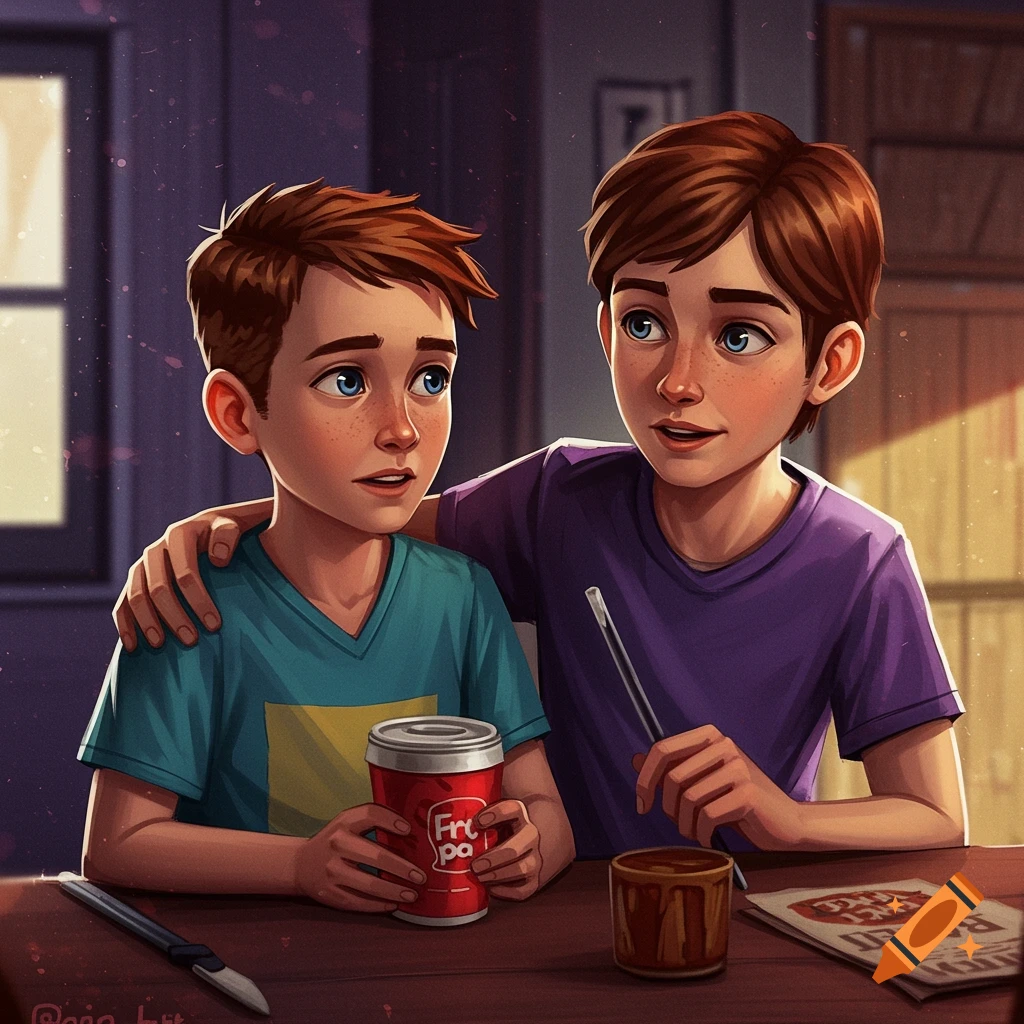 Two young boys talking at a table, one holding a red can