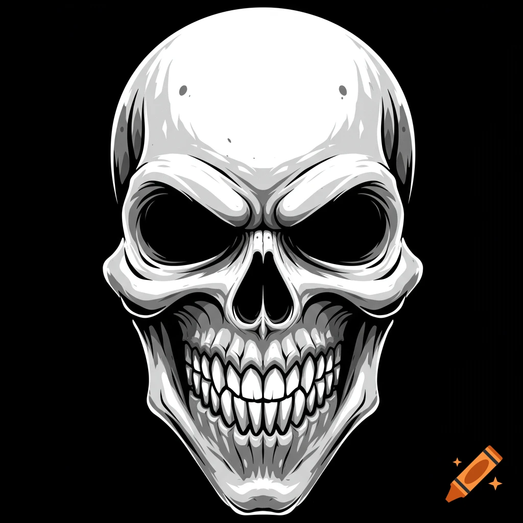 High-contrast vector illustration of a grinning white skull.