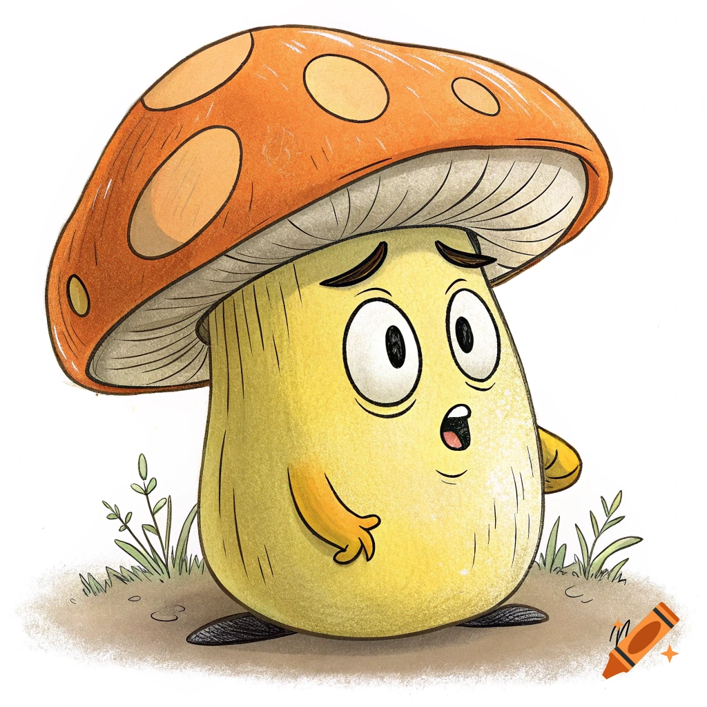 A surprised cartoon mushroom with a yellow body and orange spotted cap, standing on the ground.