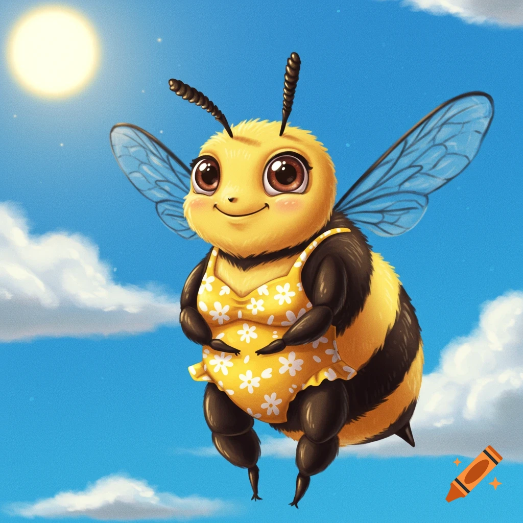 A cute cartoon bee wearing a yellow swimsuit flies in a sunny sky.