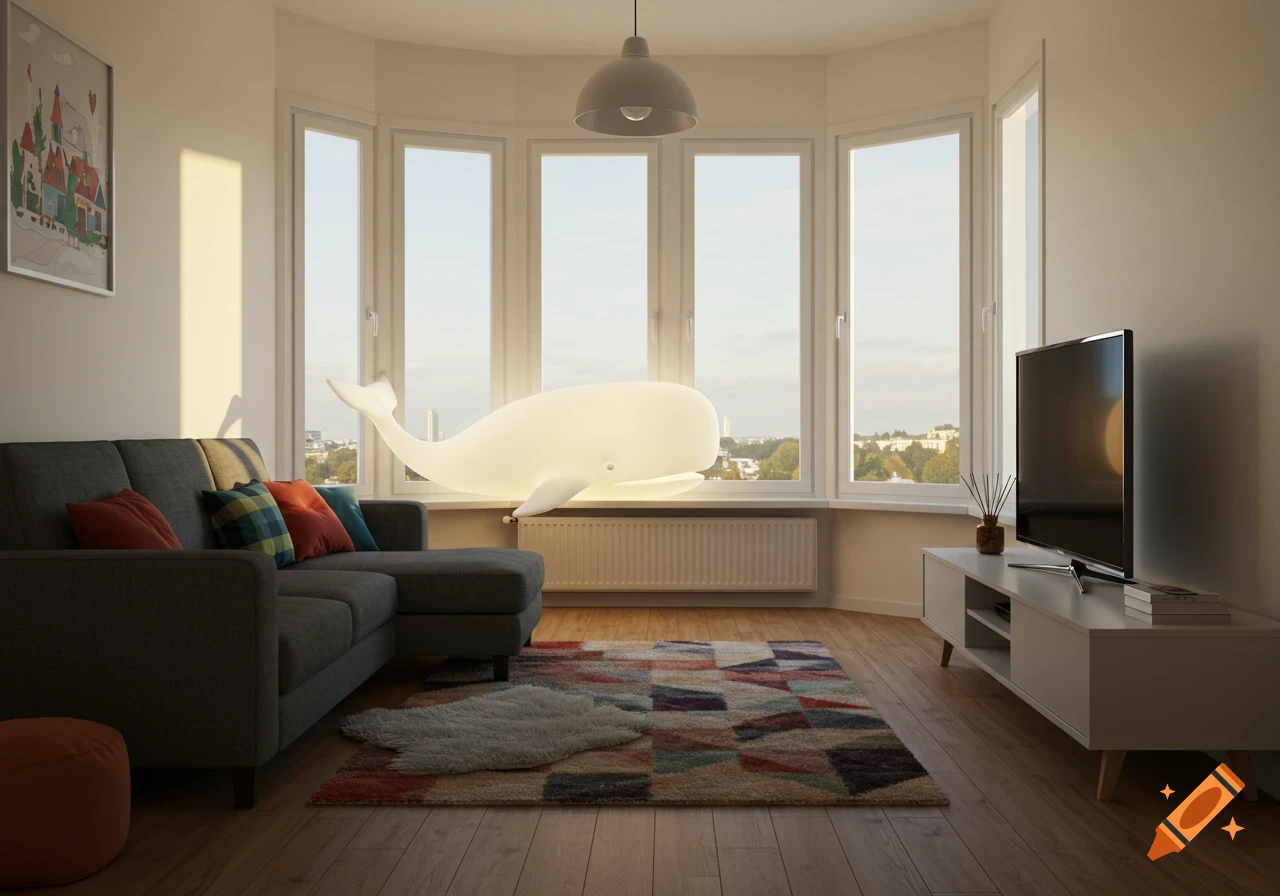 A modern living room with a large whale lamp on the windowsill overlooking a city view, a couch, rug, and TV.