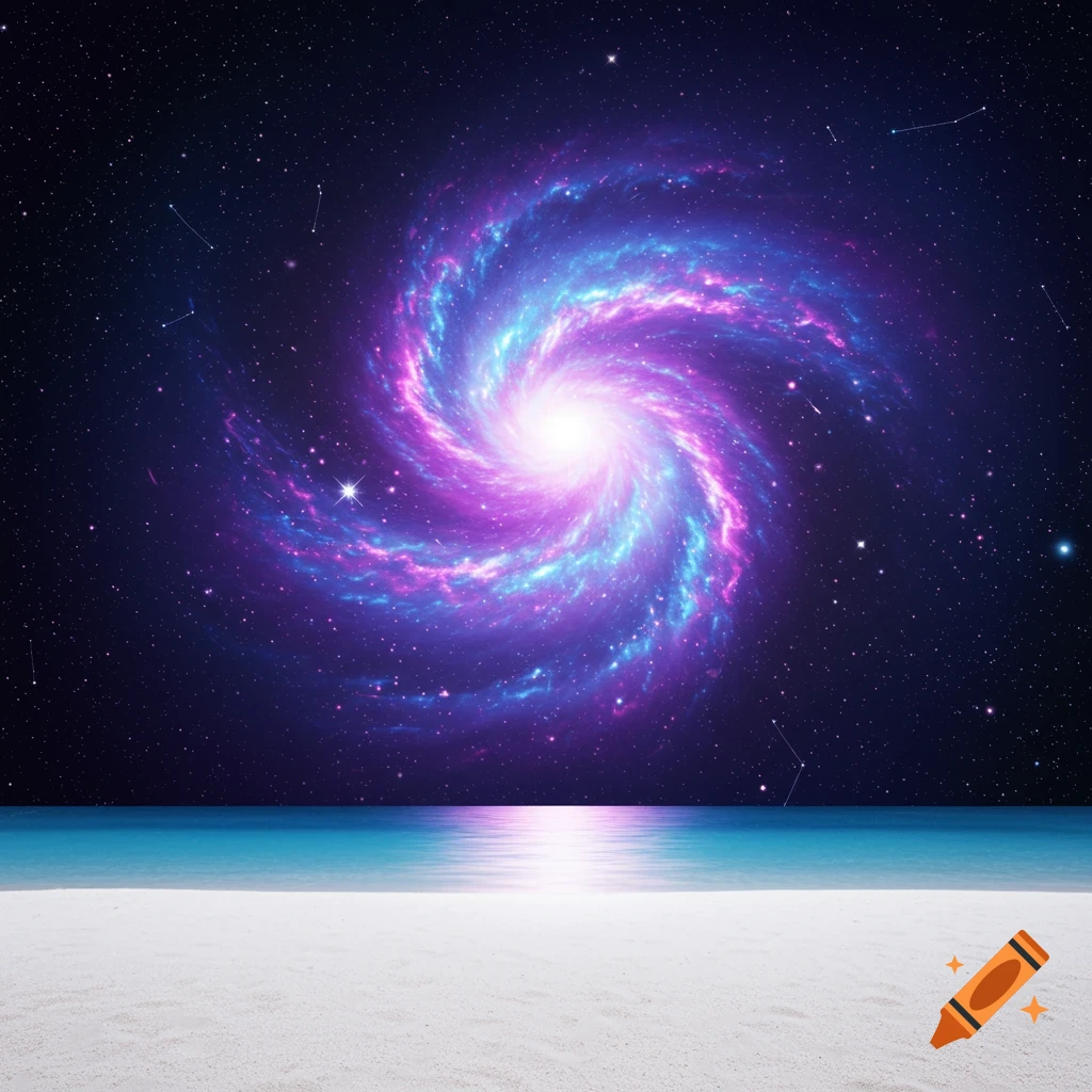 A swirling purple and blue galaxy above a beach with calm water.