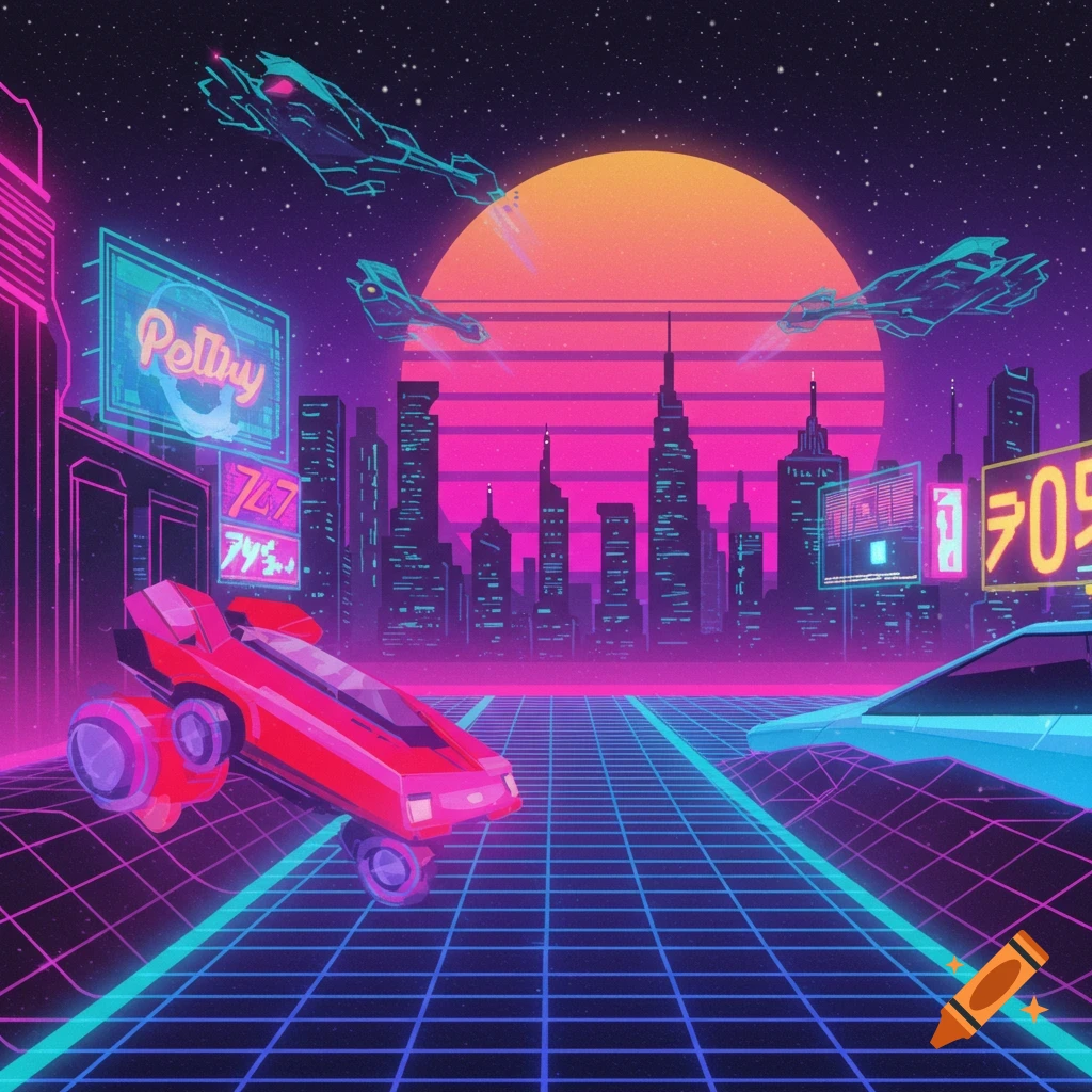 Synthwave of a retro future cityscape with flying vehicles, sun, and car on a grid road.