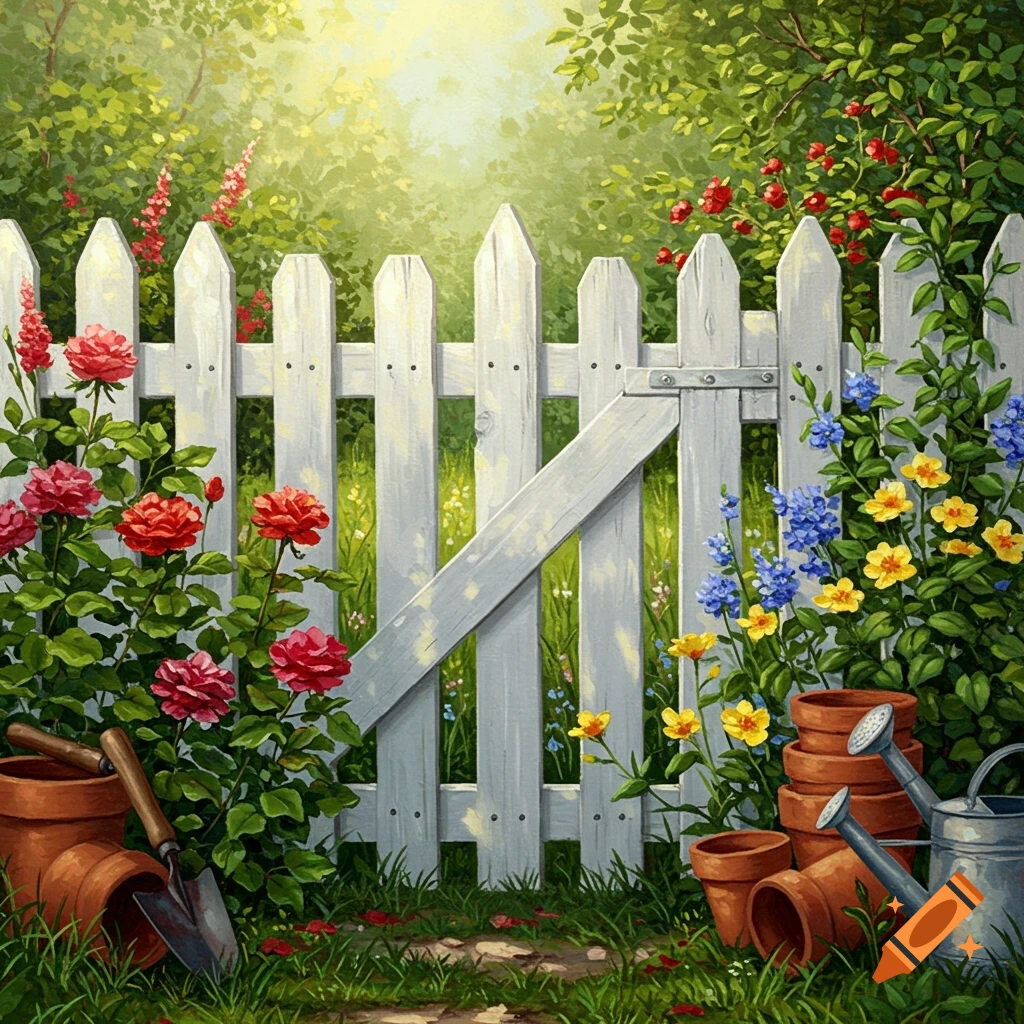White picket fence in a lush garden with roses, other flowers, and gardening tools.