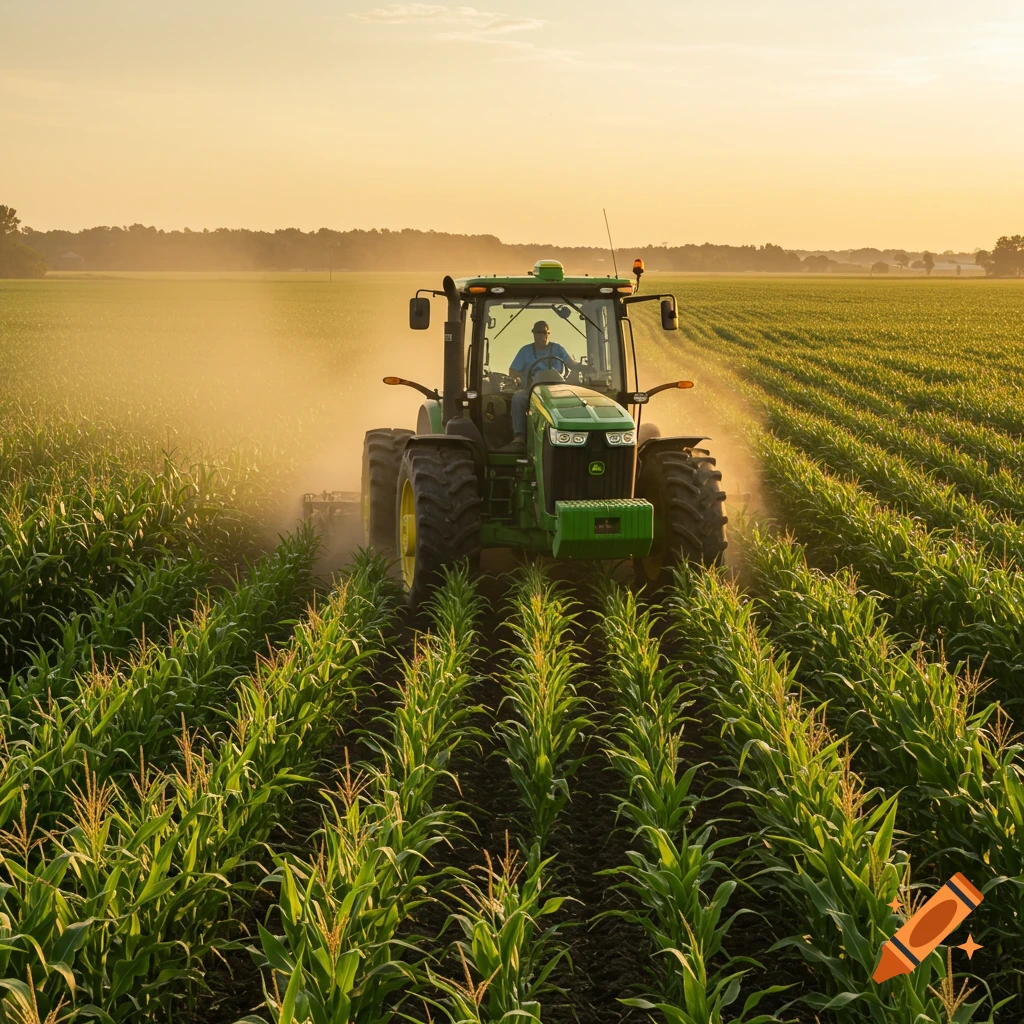 A green John Deere tractor driven by a person cultivates a cornfield at sunset.