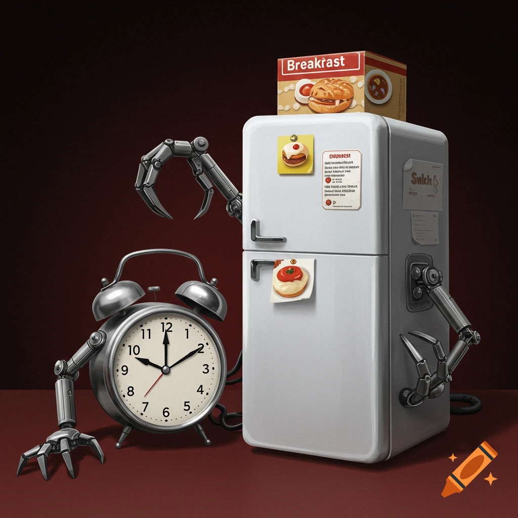 A robot-armed alarm clock sits next to a robot-armed mini-fridge, topped with a breakfast box and magnets.