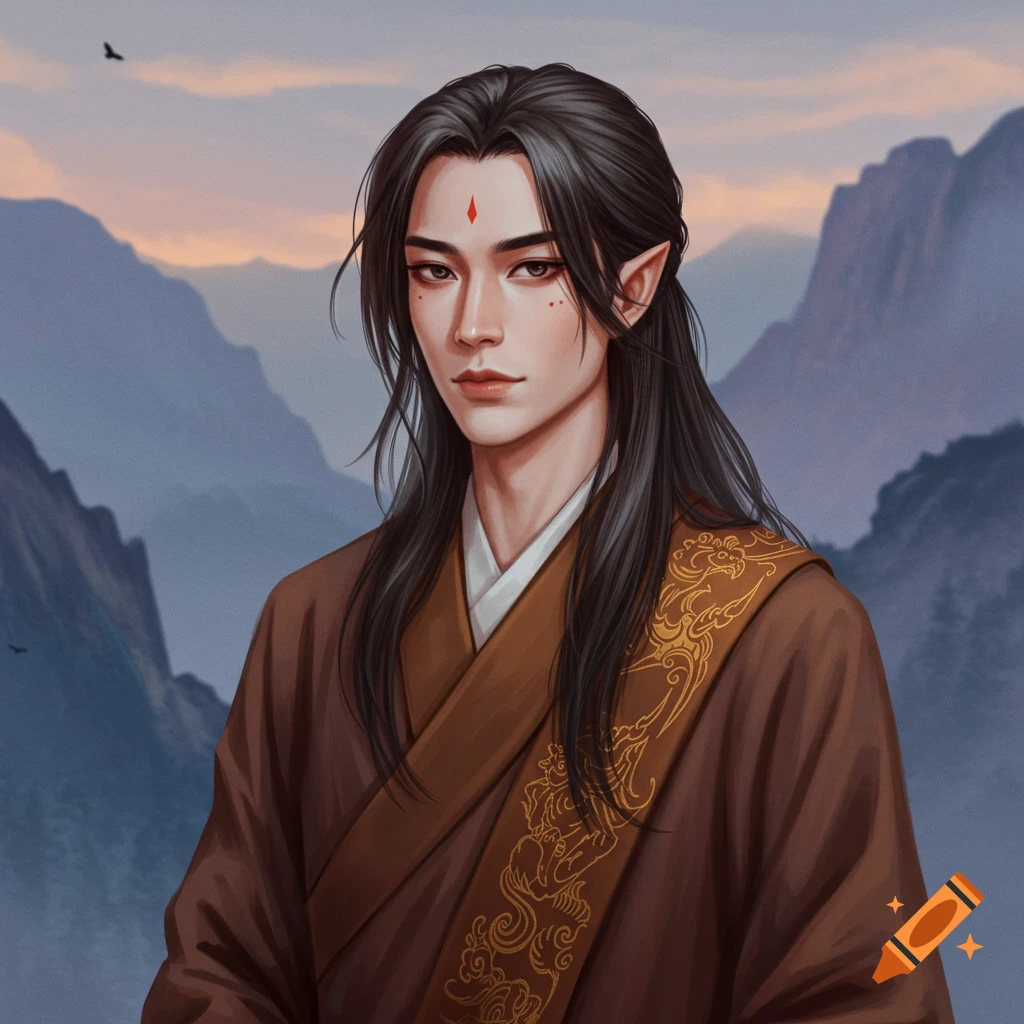 Fantasy portrait of male character with long dark hair, elf ears, red forehead mark, in traditional robe against mountains.