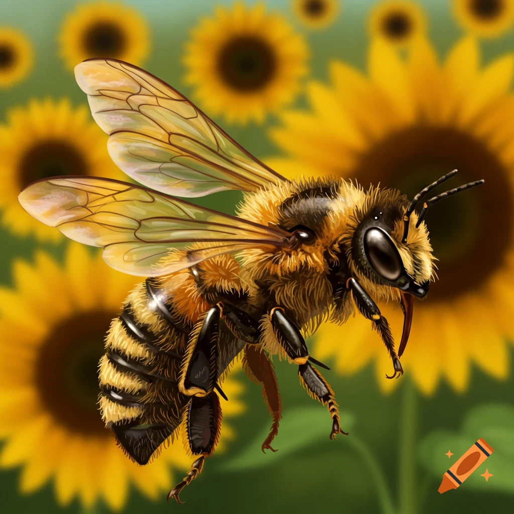A bee flying near sunflowers.