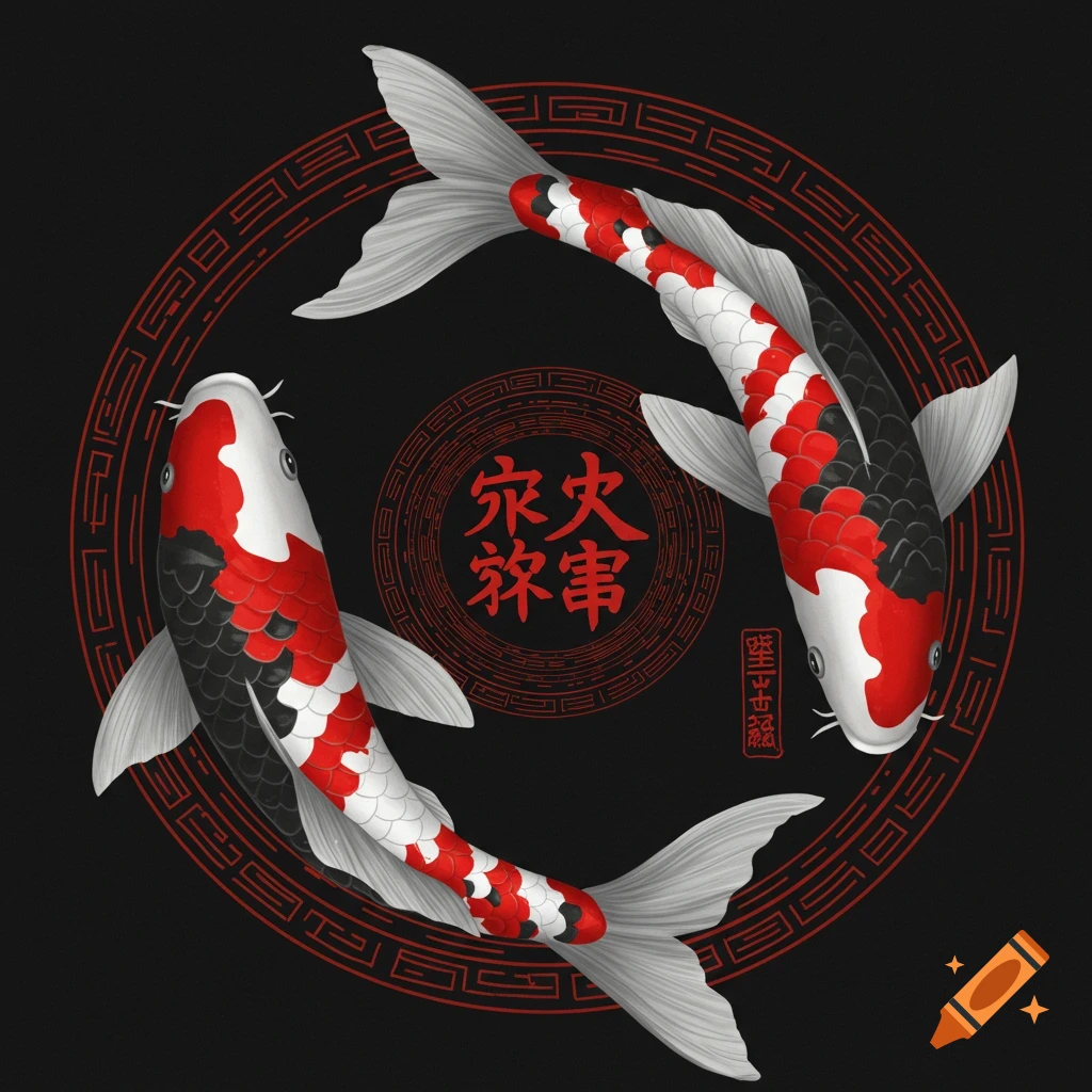 Two red, black, and white koi fish swimming in a circle with red patterns and Chinese characters on a black background.