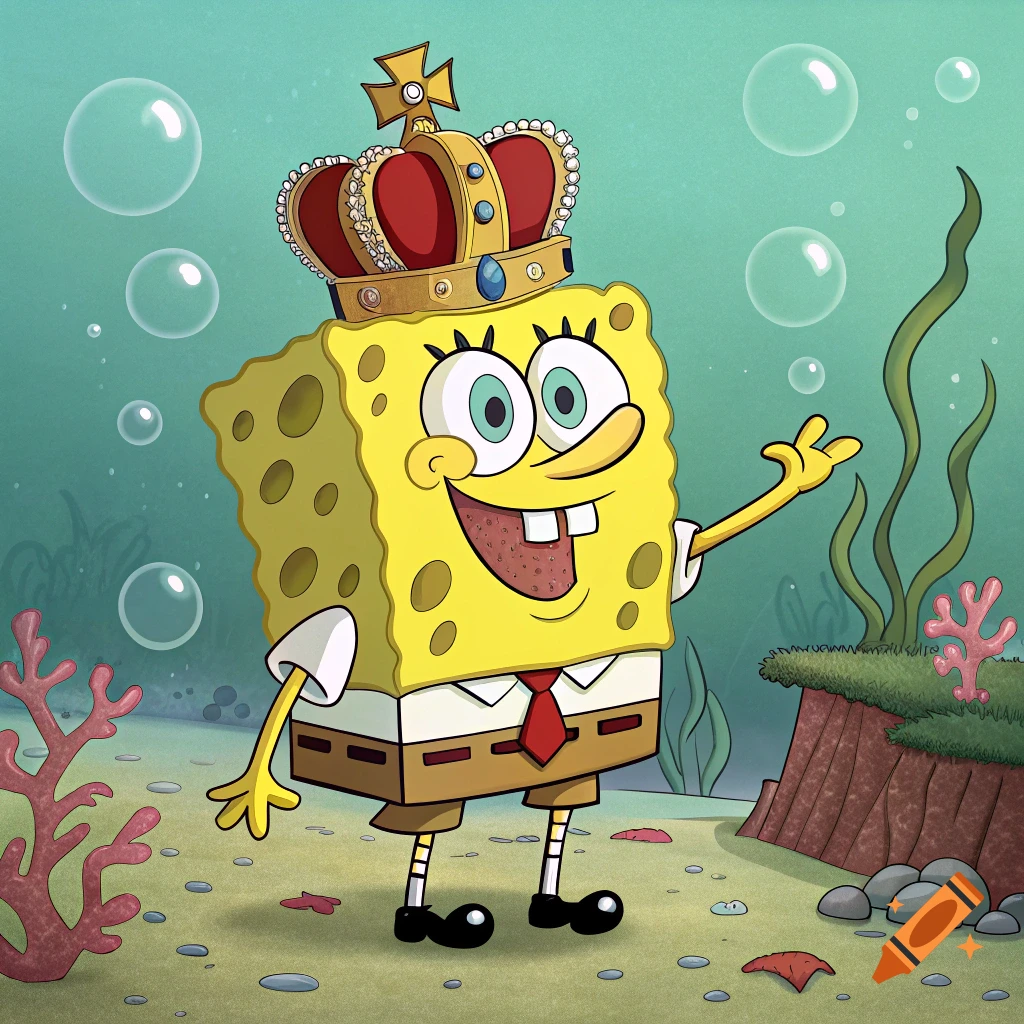 Spongebob Squarepants wearing a crown underwater