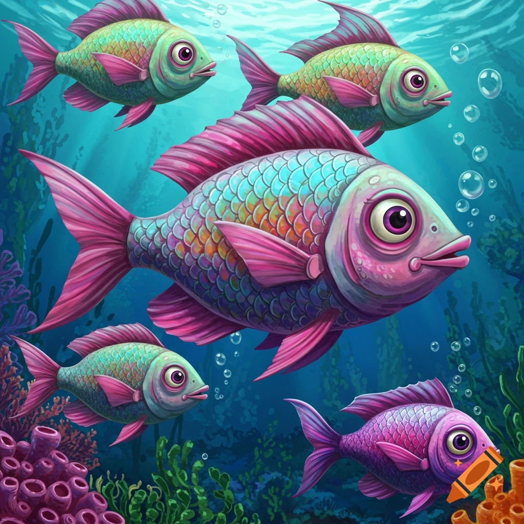 Colorful stylized fish swim underwater among coral and bubbles.