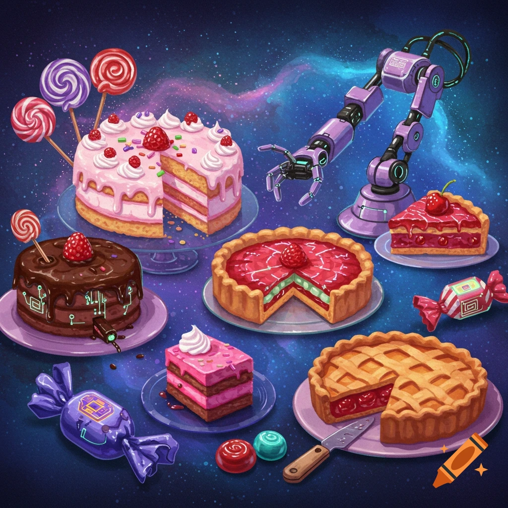 Cybernetic desserts, including cakes, pies, and candies, are arranged in a space setting with a robotic arm.