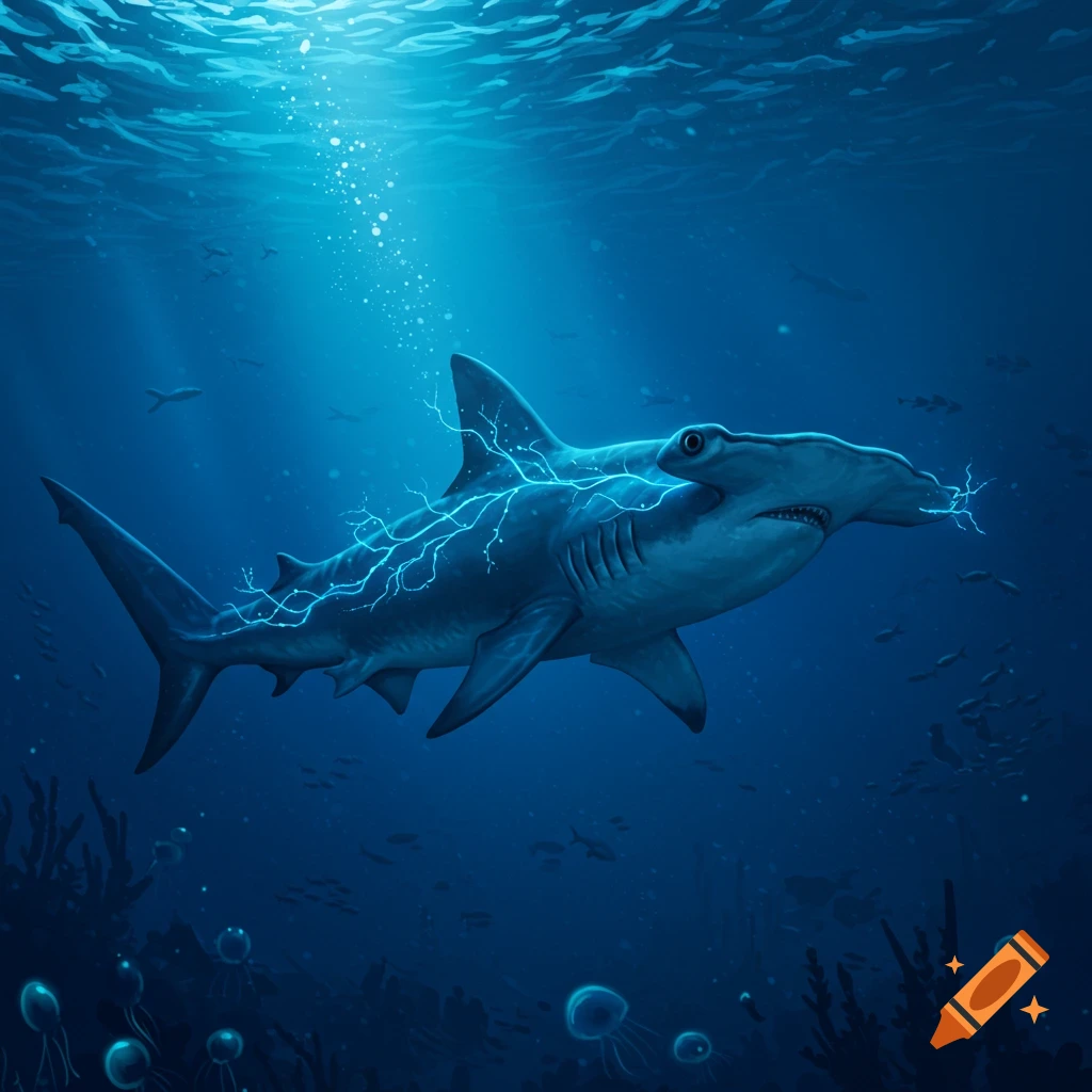 A hammerhead shark with electricity on its body, swimming underwater.
