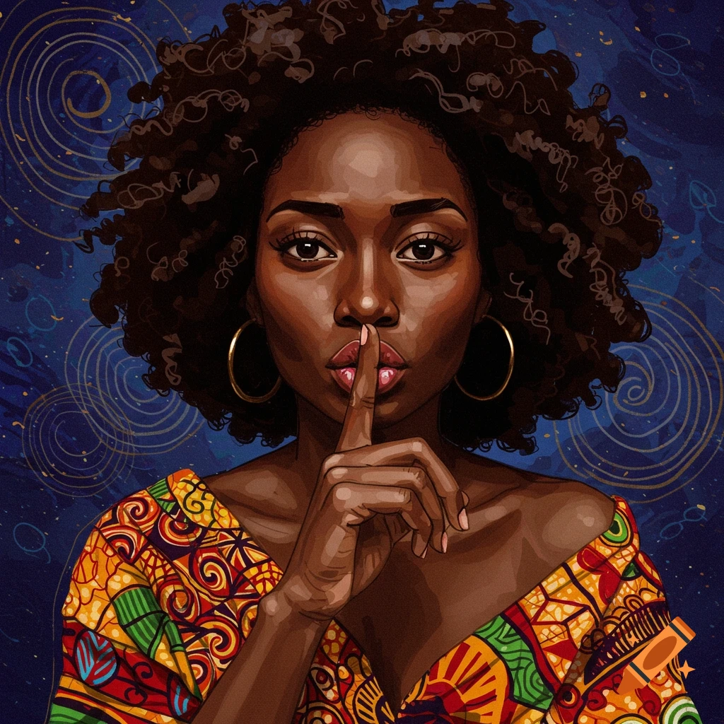 A Black woman in colorful dress making a shh gesture