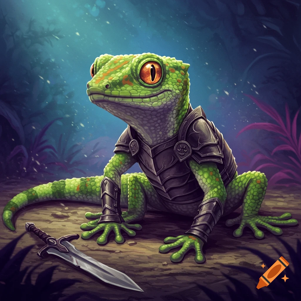 Illustration of a gecko character wearing armor next to a sword.