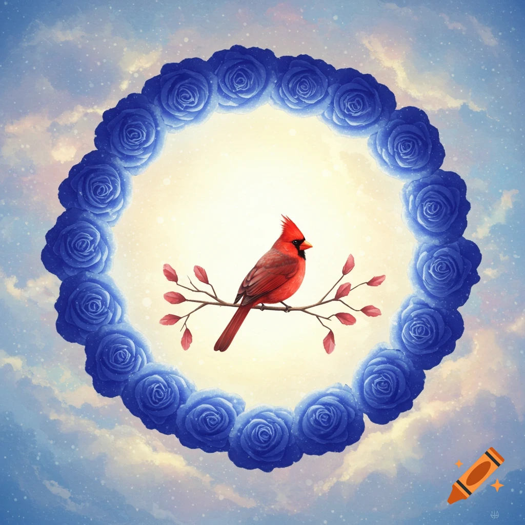 Red cardinal on a branch in a circle of blue roses with a heavenly background.