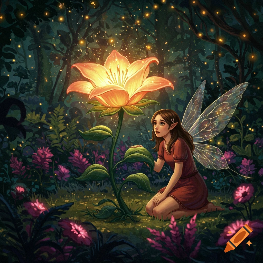 A fairy kneels by a glowing flower in a magical forest.