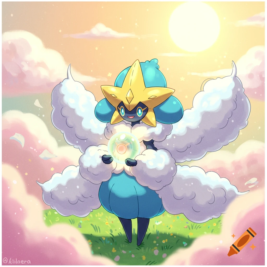 Anime illustration of a star-shaped Pokemon character surrounded by clouds, holding a sphere